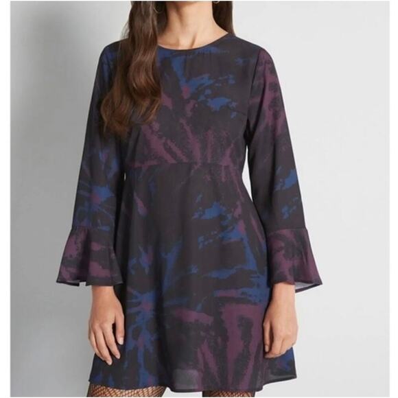 ModCloth Flared Long Sleeve Sheath Mini Dress Abstract Pattern Size Large Purple - Picture 8 of 8